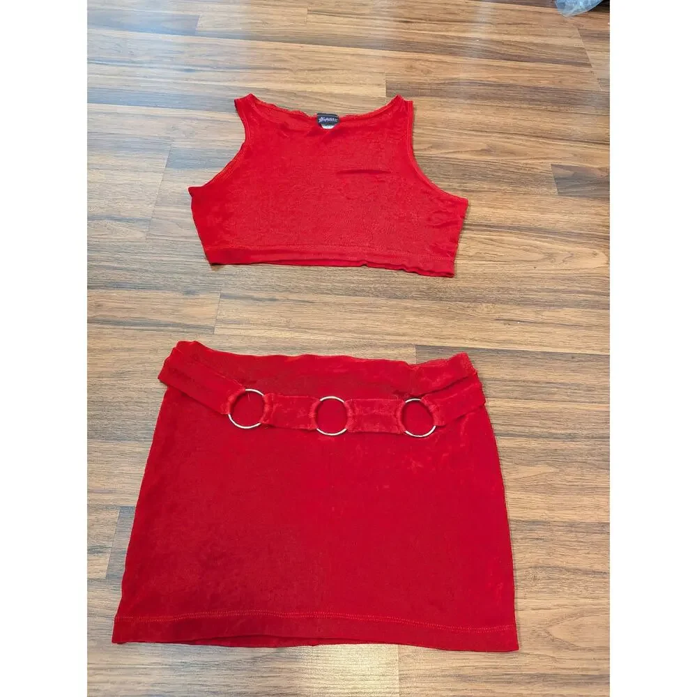 Vintage Y2K Frederick’s of Hollywood Red Two Piece Mini Skirt Set Size S/M - Picture 2 of 11